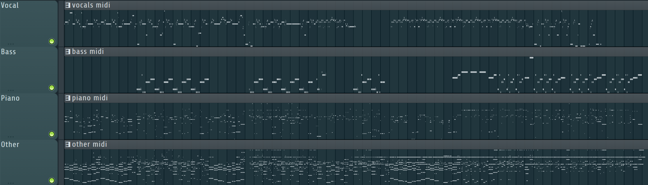 Vocals, bass, piano and other stems of a song, each transcribed to its own MIDI track in a DAW